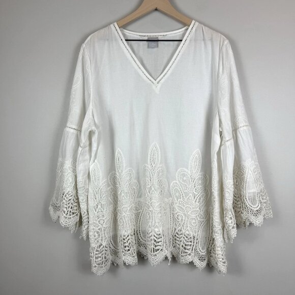 Chicos Embroidered Lace Top Women 3 US XL White Boho Bell Sleeve Coquette Blouse - Picture 1 of 9